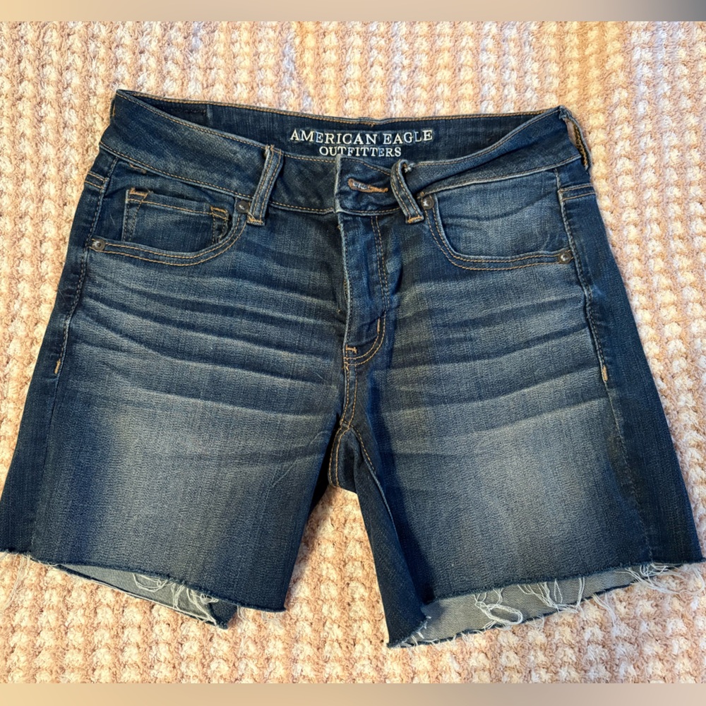 American Eagle Outfitters Dark Blue Frayed Denim Shorts